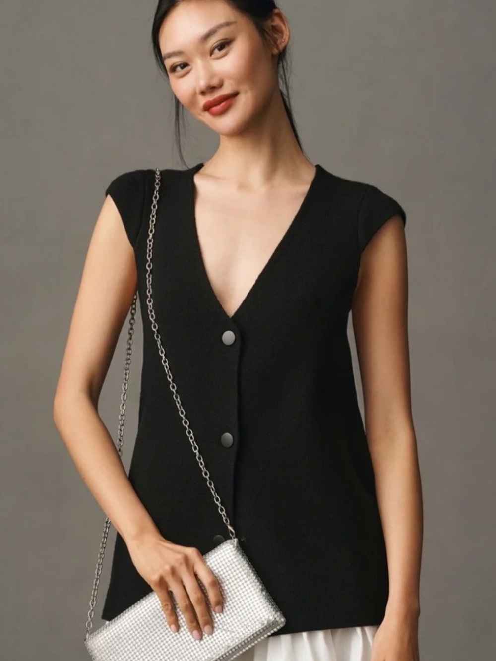 Anthropologie Willa Oversized Sweater Vest Black Snap Front Knit Top XS